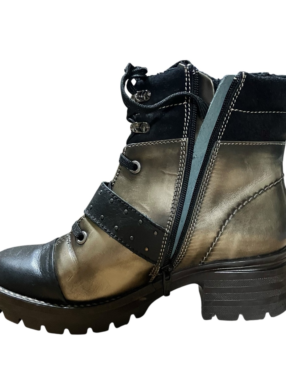 Dromedaris Leather Ankle Boots EU 38 Black Fur Lined Buckle Lug Chunky Sole - Picture 9 of 16